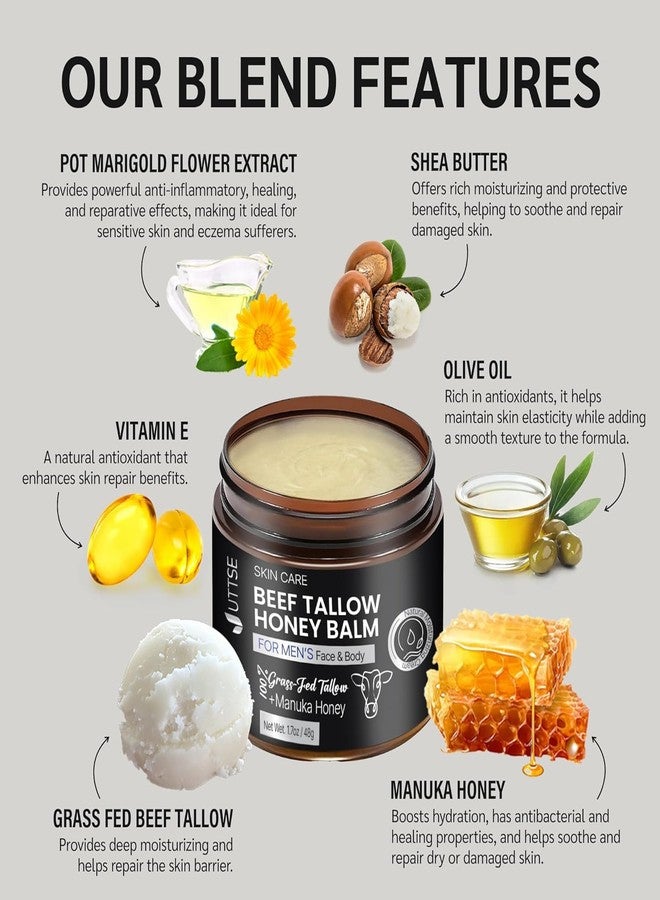 Uttse Men's Beef Tallow for Skin Care:100% Grass-Fed Beef Tallow Face Moisturizer For Men - Tallow and Honey Balm With Olive Oil Manuka Honey For Sensitive Dry Skin Repair 1.7 oz - Image 2
